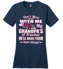 Load image into Gallery viewer, Don't Mess With Me My Grandpa's A Trucker Kid's trucker tees Pink Design ladies navy