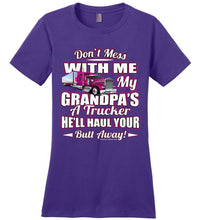 Load image into Gallery viewer, Don't Mess With Me My Grandpa's A Trucker Kid's trucker tees Pink Design ladies purple