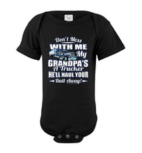 Load image into Gallery viewer, Don't Mess With Me My Grandpa's A Trucker Kid's Trucker onesies Blue Design black