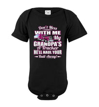 Load image into Gallery viewer, Don't Mess With Me My Grandpa's A Trucker Kid's trucker onesies Pink Design black