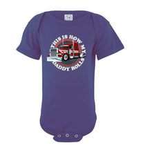 Load image into Gallery viewer, This Is How My Daddy Rolls Trucker Kid's Trucker Tee  bodysuit purple