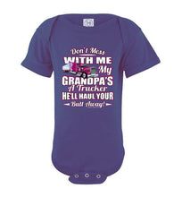 Load image into Gallery viewer, Don't Mess With Me My Grandpa's A Trucker Kid's trucker onesies Pink Design purple