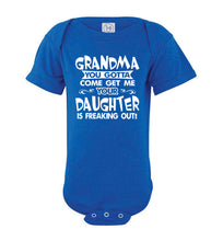 Load image into Gallery viewer, Grandma You Gotta Come Get Me Daughter Freaking Out Funny Kids T Shirts onsie royal