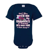 Load image into Gallery viewer, Don't Mess With Me My Grandpa's A Trucker Kid's trucker onesies Pink Design navy