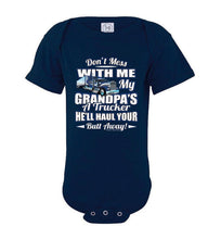 Load image into Gallery viewer, Don't Mess With Me My Grandpa's A Trucker Kid's Trucker onesies Blue Design navy