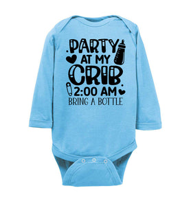 Funny Baby Onesie Quotes, Party At My Crib, Funny Baby Gifts ls  blue