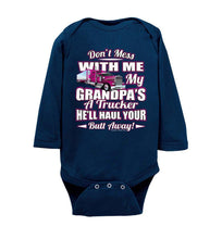 Load image into Gallery viewer, Don't Mess With Me My Grandpa's A Trucker Kid's trucker onesies LS Pink Design navy
