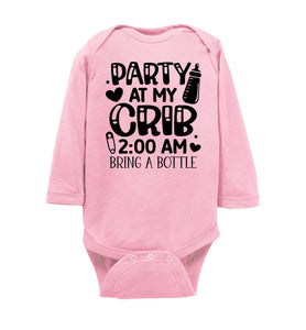 Funny Baby Onesie Quotes, Party At My Crib, Funny Baby Gifts ls  pink