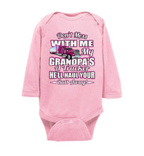 Load image into Gallery viewer, Don't Mess With Me My Grandpa's A Trucker Kid's trucker onesies LS Pink Design pink