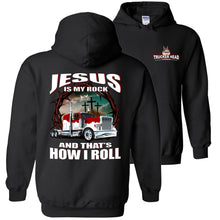Load image into Gallery viewer, Christian Trucker Hoodie, Jesus Is My Rock And That's How I Roll black