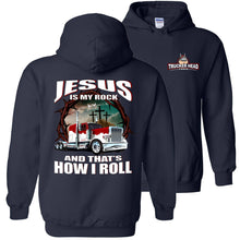 Load image into Gallery viewer, Christian Trucker Hoodie, Jesus Is My Rock And That's How I Roll navy