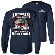 Load image into Gallery viewer, Christian Trucker Long Sleeve T-Shirt, Jesus Is My Rock navy