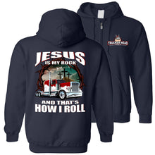 Load image into Gallery viewer, Christian Trucker Hoodie, Jesus Is My Rock And That's How I Roll navy zip