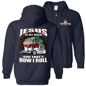 Christian Trucker Hoodie, Jesus Is My Rock And That's How I Roll navy zip
