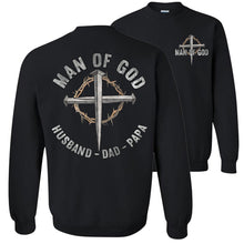 Load image into Gallery viewer, Christian Quote Crewneck Sweatshirt, Man Of God Husband Dad Papa black