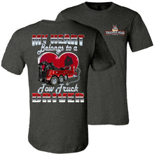 Load image into Gallery viewer, My Heart Belongs To A Tow Truck Driver Tow Truck Wife Shirts unisex  dk gray