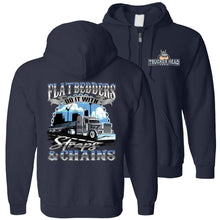 Load image into Gallery viewer, FlatBedders Do It With Straps & Chains Flatbedder Trucker zip up Hoodie navy