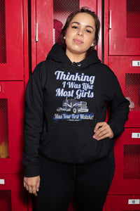Thinking I Was Like Most Girls Was Your First Mistake Women's Trucker Hoodie mock up