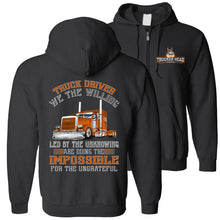 Load image into Gallery viewer, We The Willing Led By The Unknowing Funny Trucker Hoodie black zip