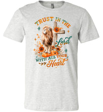Load image into Gallery viewer, Ash t-shirt with a lion, cross, and pumpkin design on a white background