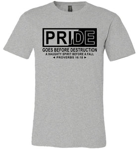 Pride Goes Before Destruction Bible Verse T Shirts, Proverbs 16-18 Tshirt grey
