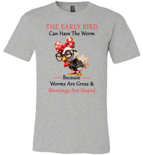 Load image into Gallery viewer, Gray t-shirt with a graphic of a bird wearing a red polka dot hat and sunglasses, with text on a white background.