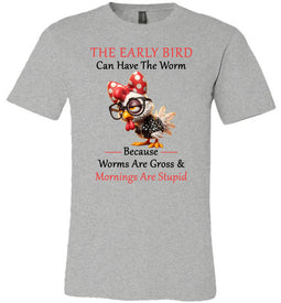 Gray t-shirt with a graphic of a bird wearing a red polka dot hat and sunglasses, with text on a white background.