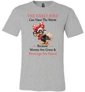 Gray t-shirt with a graphic of a bird wearing a red polka dot hat and sunglasses, with text on a white background.