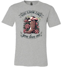 Load image into Gallery viewer, Gray t-shirt with a cowboy boot and floral design on a white background