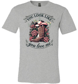 Gray t-shirt with a cowboy boot and floral design on a white background