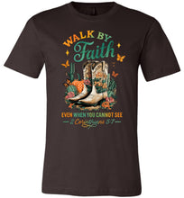 Load image into Gallery viewer, Christian Fall Tee Walk By Faith Cowgirl Boot Design brown