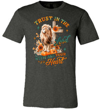 Load image into Gallery viewer, Dark gray t-shirt with a lion, cross, and pumpkin design on a white background
