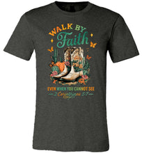 Load image into Gallery viewer, Christian Fall Tee Walk By Faith Cowgirl Boot Design dk heather