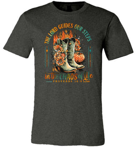 Christian Fall Tee, The Lord Guides Our Steps Proverbs 16:9 dark grey heather