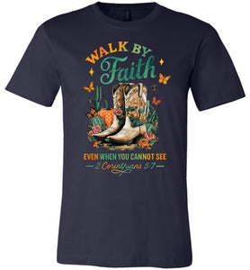 Christian Fall Tee Walk By Faith Cowgirl Boot Design navy