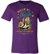 Load image into Gallery viewer, Christian Fall Tee Walk By Faith Cowgirl Boot Design purple