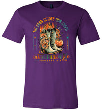 Load image into Gallery viewer, Christian Fall Tee, The Lord Guides Our Steps Proverbs 16:9 purple