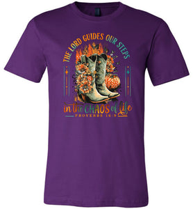 Christian Fall Tee, The Lord Guides Our Steps Proverbs 16:9 purple