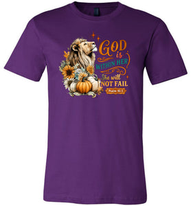 Christian Fall Tshirt God Within Her She Will Not Fall purple