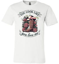 Load image into Gallery viewer, White t-shirt with a cowboy boot and floral design on a white background