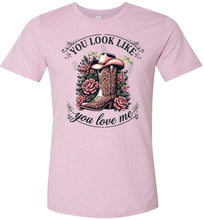 Load image into Gallery viewer, Pink t-shirt with a cowboy boot and floral design on a white background
