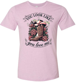 Pink t-shirt with a cowboy boot and floral design on a white background