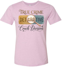 Load image into Gallery viewer, Pink t-shirt with 'True Crime Detective Couch Division' text and graphic on a white background