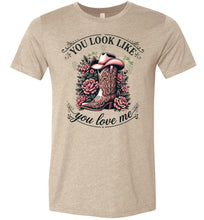 Load image into Gallery viewer, Beige t-shirt with cowboy boot and floral design on a white background