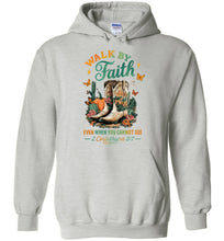 Load image into Gallery viewer, Christian Fall Hoodie Walk By Faith Cowgirl Boot Design ash
