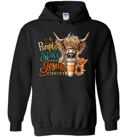 Christian Fall Hoodie, Pumpkin Spice And Jesus Christ Highland Cow Hoodie black