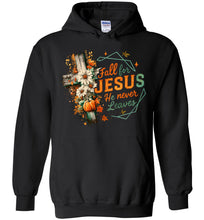 Load image into Gallery viewer, Christian Fall Hoodie Fall For Jesus He Never Leaves black
