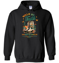 Load image into Gallery viewer, Christian Fall Hoodie Walk By Faith Cowgirl Boot Design black
