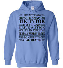 Load image into Gallery viewer, Funny Elderly Sarcastic Hoodie: I Can Drive Stick blue