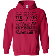 Load image into Gallery viewer, Funny Elderly Sarcastic Hoodie: I Can Drive Stick red